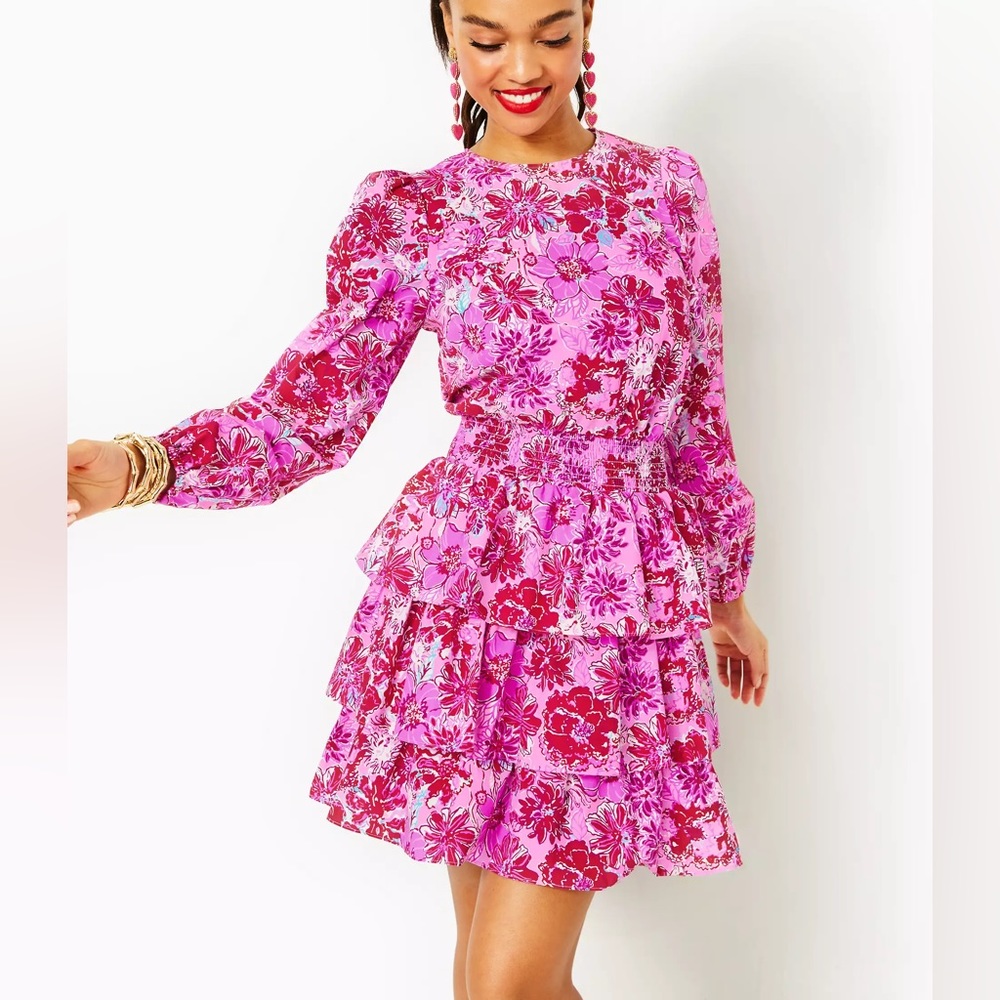 Lilly Pulitzer Khloey Smocked A-Line Ruffle Tiered Skirt Cotton Dress SZ 10 - Picture 2 of 5